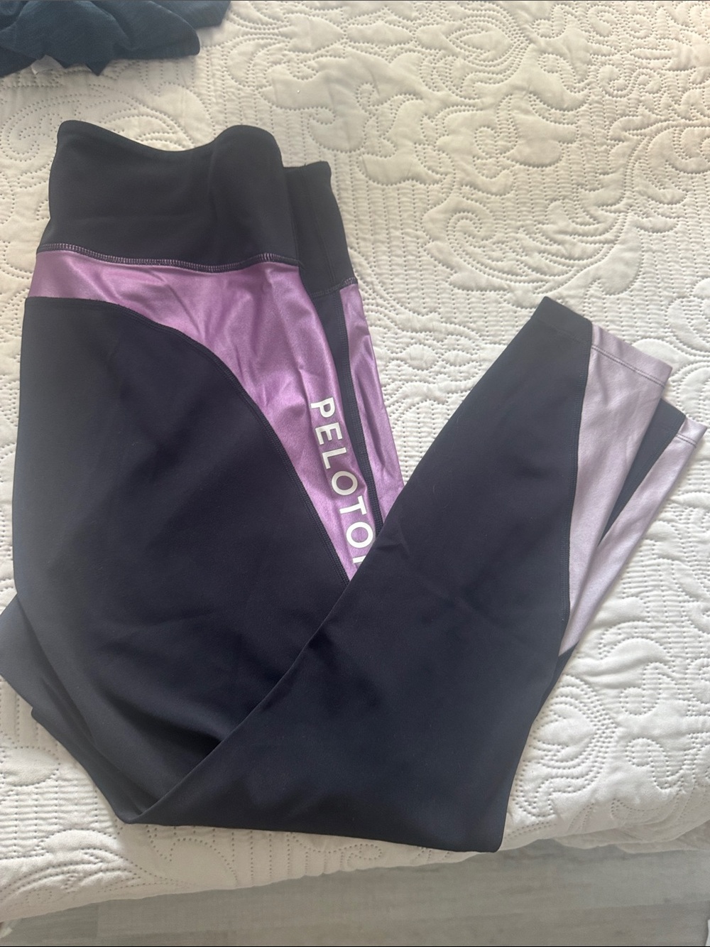 Peloton Black Leggings with Metallic Purple Panels